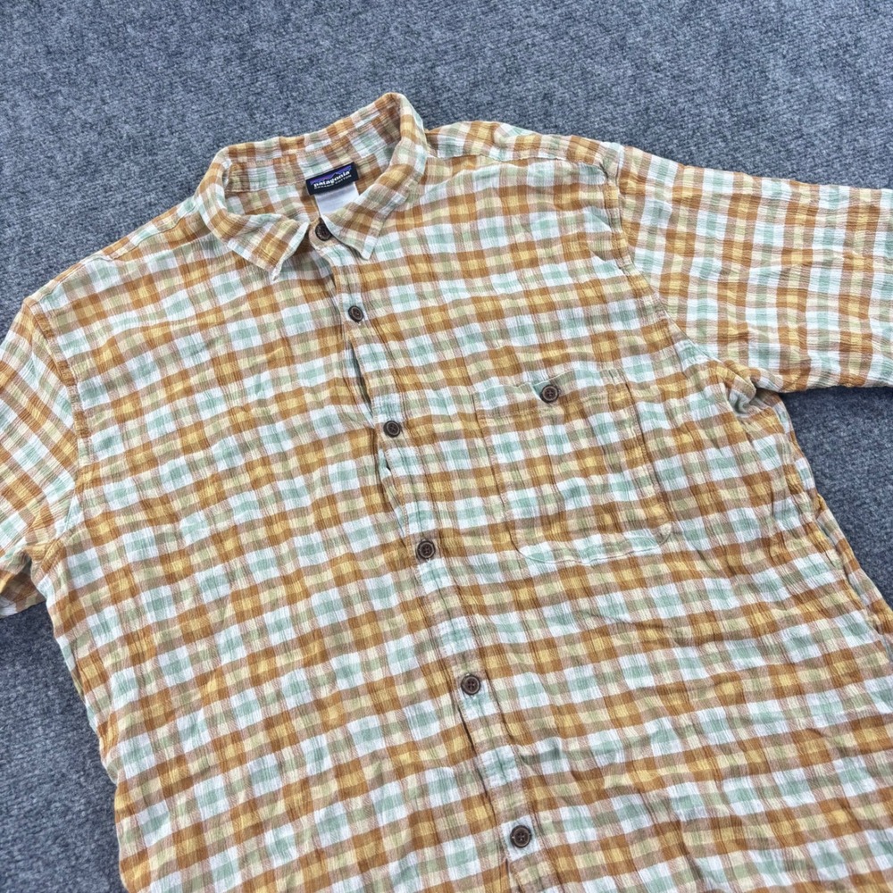 Patagonia Button Down Shirt Large Orange Plaid Organic Cotton Short Sleeve Mens
